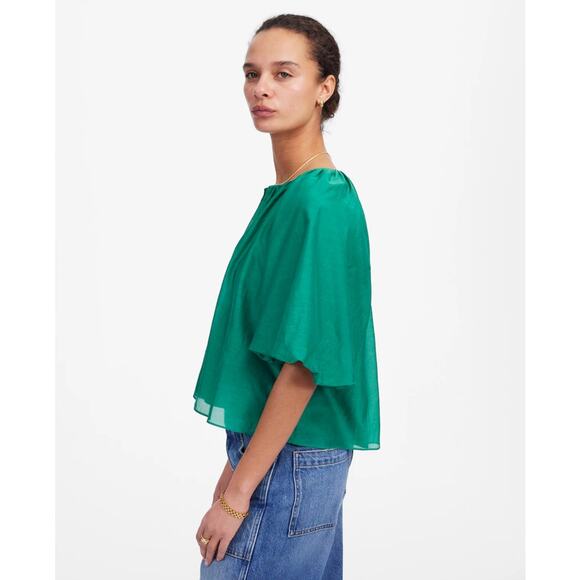 Madewell Bubble Sleeve Top Sz 6 Verdant Green Split V-Neck Pullover Cotton-Silk - Picture 3 of 9